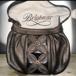 Brighton Mon Petit Pewter Leather Shoulder Bag H3295P Floral Medallion Detail